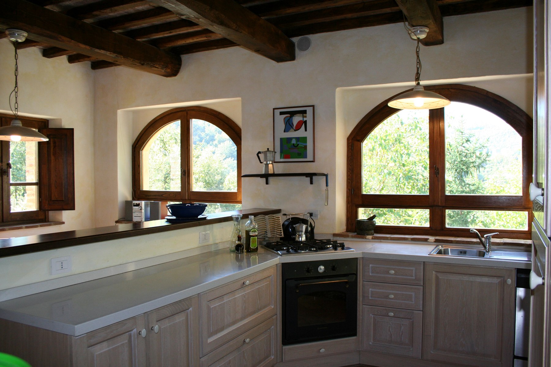 The fitted kitchen with broad arched windows looking into the garden