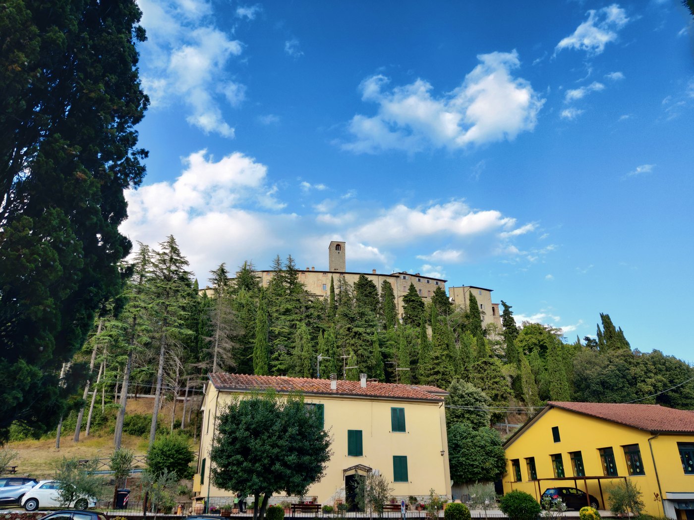 The stone buildings of Monte Santa Maria Tiberina in warm evening light